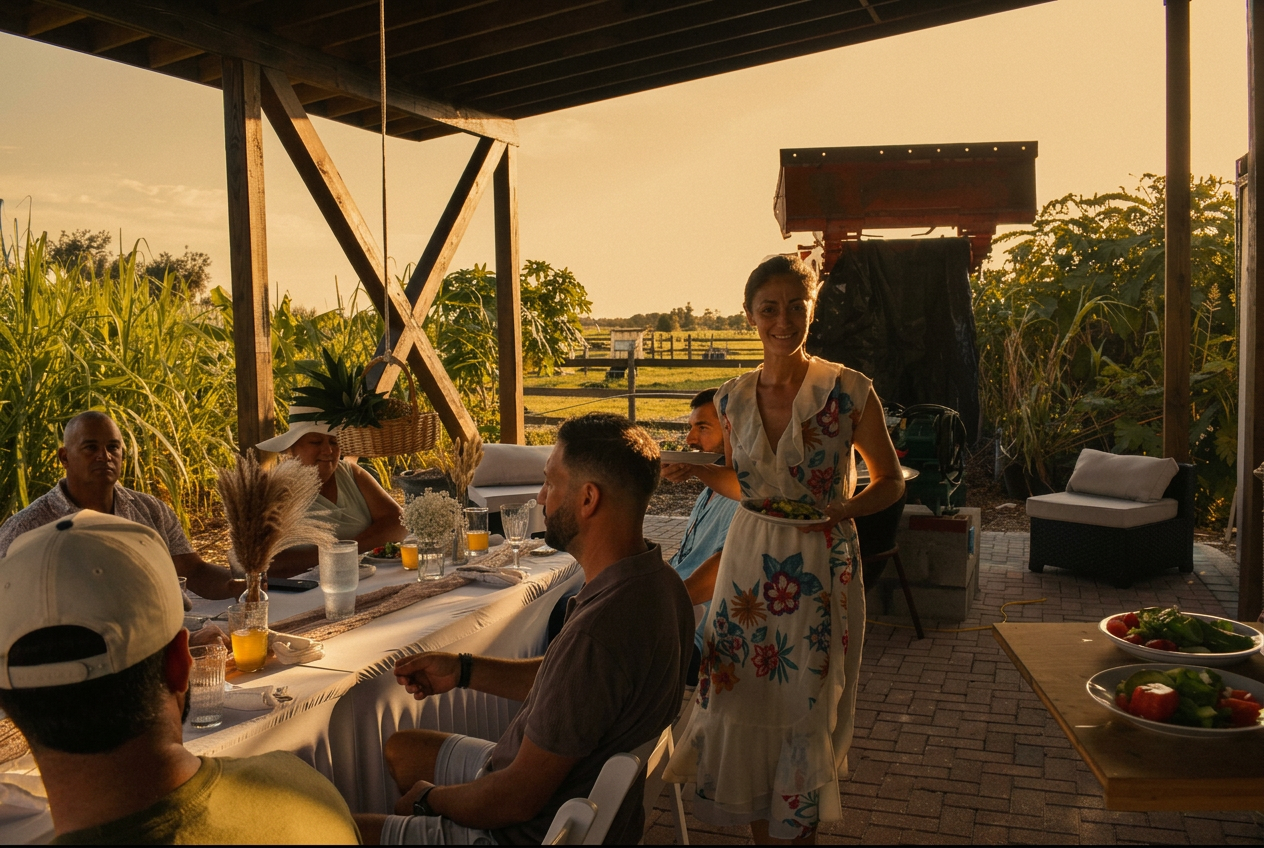 Farm-to-table dinner under a wooden pavilion at golden hour on Your Wellness Farm