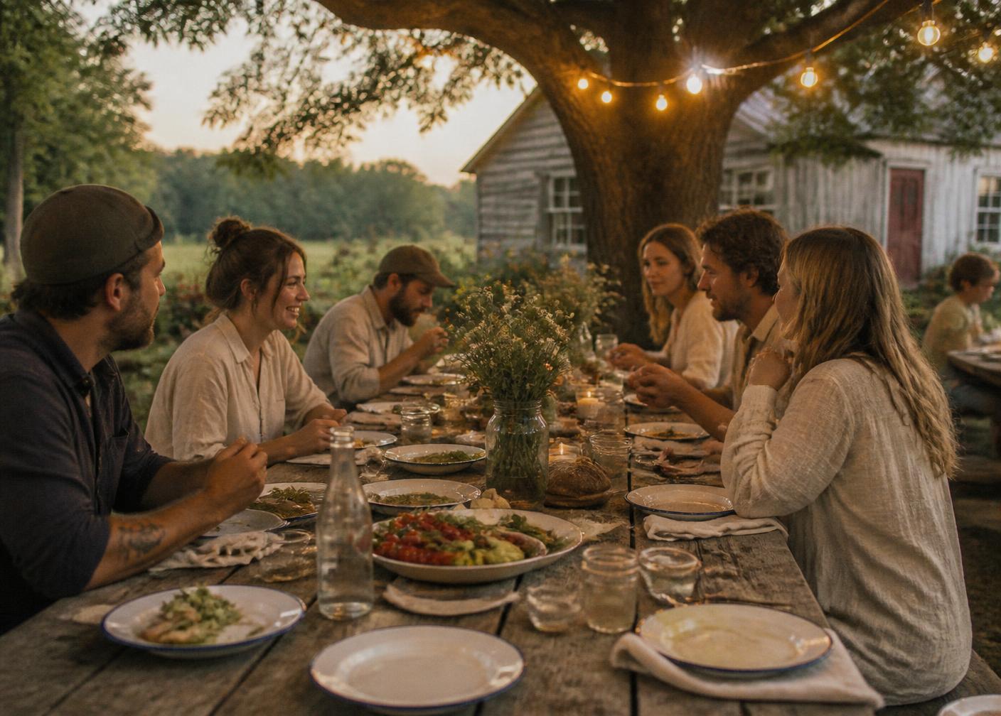 Long farm-to-table dinner set in a pasture at dusk