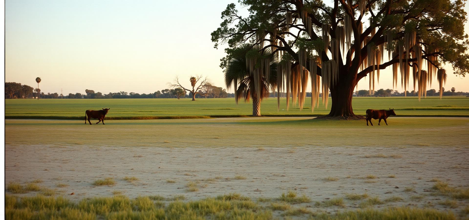 Cattle grazing in a flat Florida pasture at golden hour